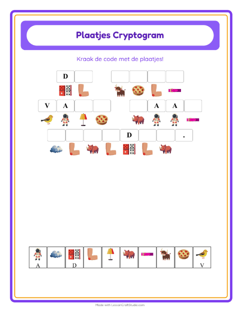 Voorbeeld van het Cryptogram-werkblad voor kleuterklas