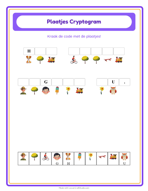 Voorbeeld van het Cryptogram-werkblad voor kleuterklas