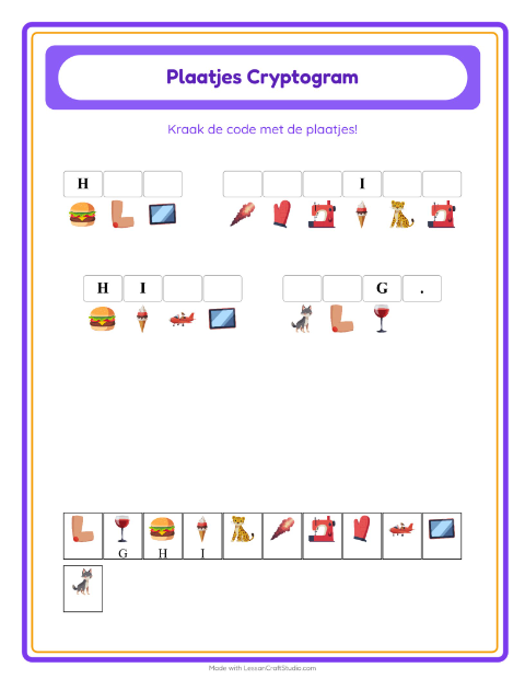 Voorbeeld van het Cryptogram-werkblad voor kleuterklas