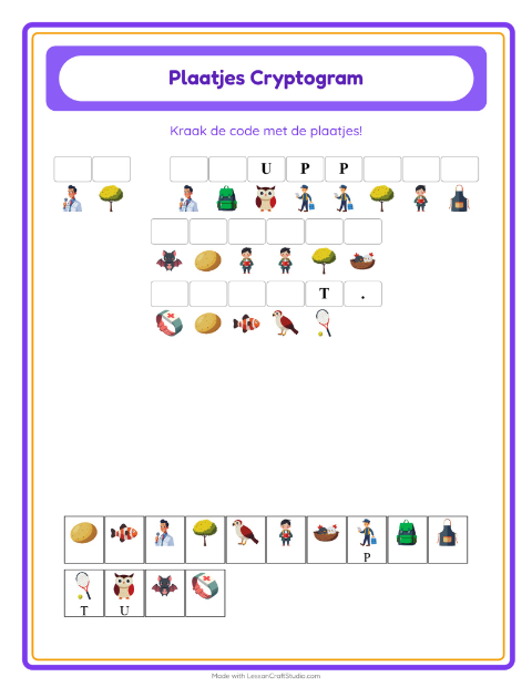 Voorbeeld van het Cryptogram-werkblad voor kleuterklas