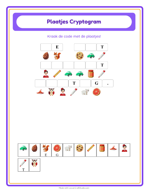 Voorbeeld van het Cryptogram-werkblad voor kleuterklas