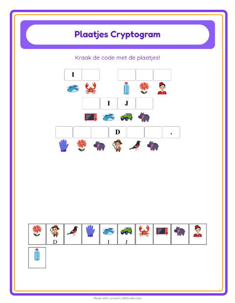 Voorbeeld van het Cryptogram-werkblad voor kleuterklas