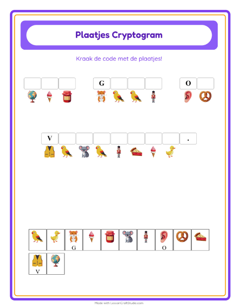 Voorbeeld van het Cryptogram-werkblad voor kleuterklas