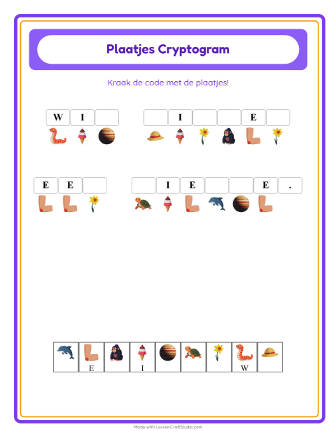 Voorbeeld van het Cryptogram-werkblad voor kleuterklas