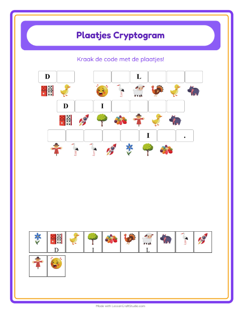 Voorbeeld van het Cryptogram-werkblad voor kleuterklas