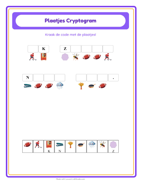 Voorbeeld van het Cryptogram-werkblad voor kleuterklas