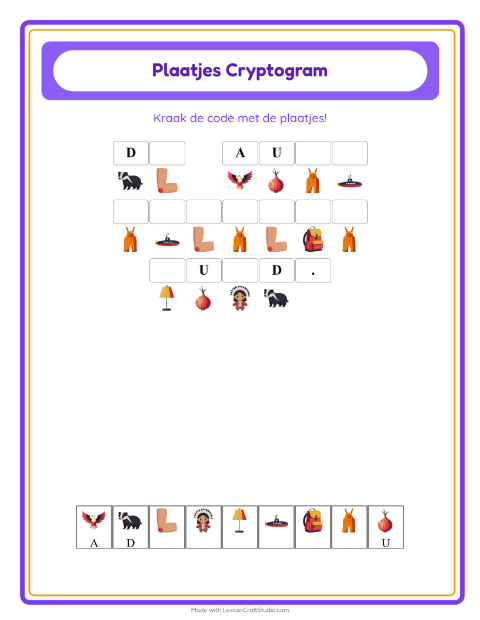 Voorbeeld van het Cryptogram-werkblad voor kleuterklas