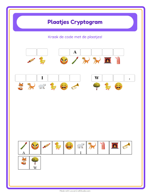 Voorbeeld van het Cryptogram-werkblad voor kleuterklas