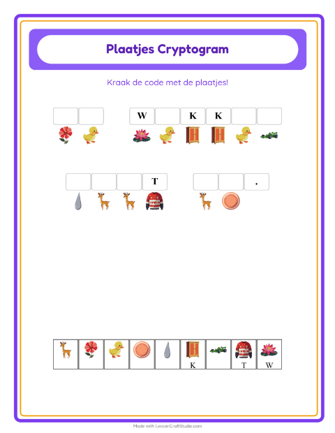 Voorbeeld van het Cryptogram-werkblad voor kleuterklas