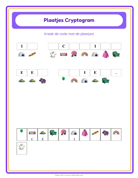 Voorbeeld van het Cryptogram-werkblad voor kleuterklas