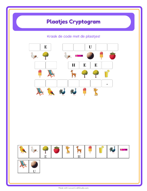 Voorbeeld van het Cryptogram-werkblad voor kleuterklas