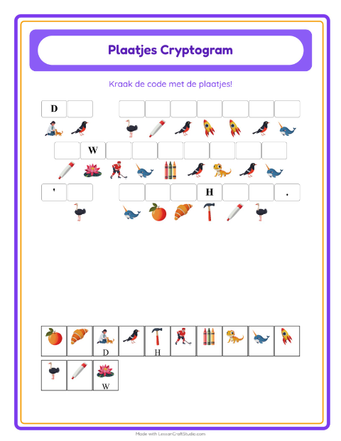 Voorbeeld van het Cryptogram-werkblad voor kleuterklas