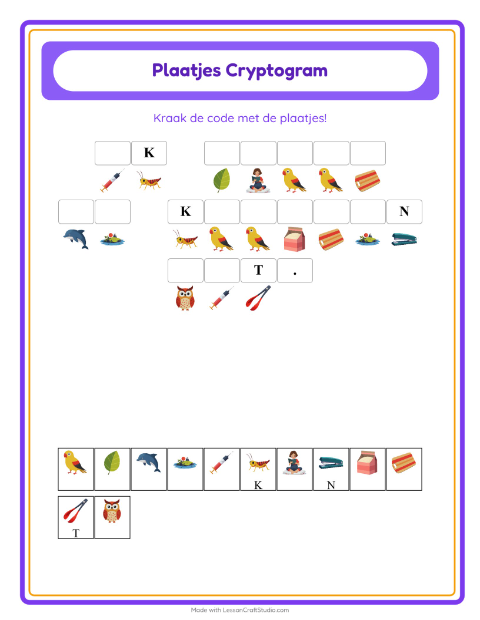 Voorbeeld van het Cryptogram-werkblad voor kleuterklas
