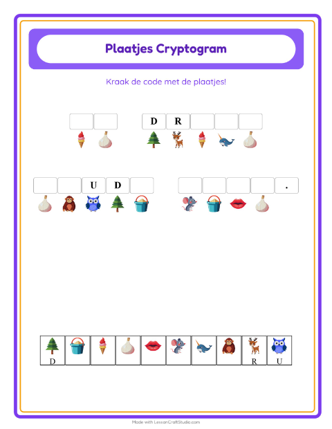 Voorbeeld van het Cryptogram-werkblad voor kleuterklas
