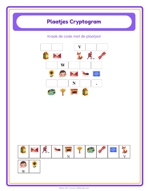 Voorbeeld van het Cryptogram-werkblad voor kleuterklas