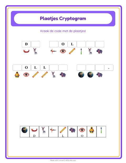 Voorbeeld van het Cryptogram-werkblad voor kleuterklas
