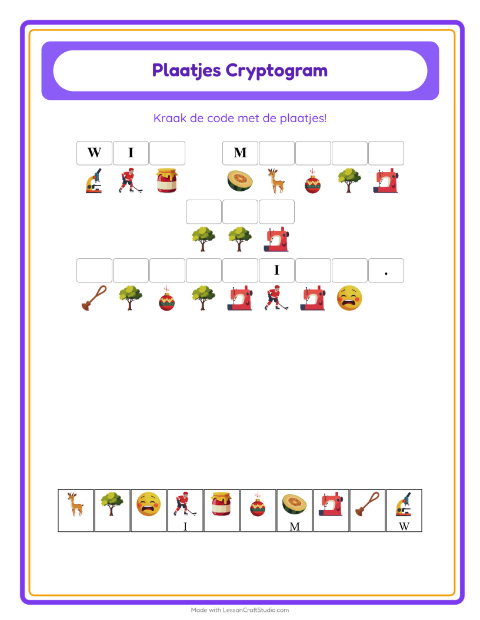Voorbeeld van het Cryptogram-werkblad voor kleuterklas
