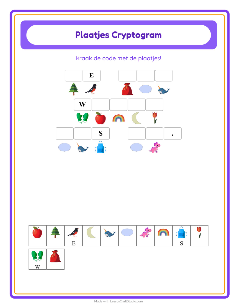 Voorbeeld van het Cryptogram-werkblad voor kleuterklas