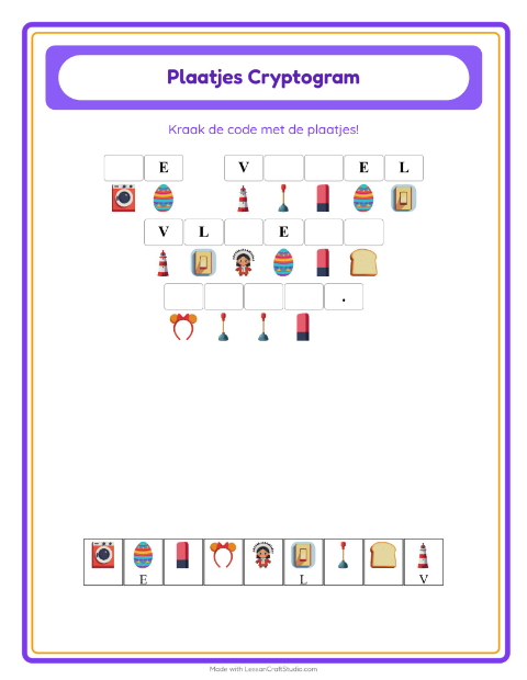 Voorbeeld van het Cryptogram-werkblad voor kleuterklas