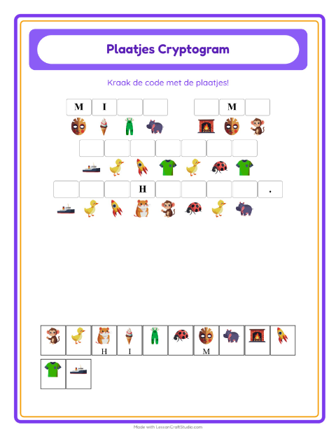 Voorbeeld van het Cryptogram-werkblad voor kleuterklas