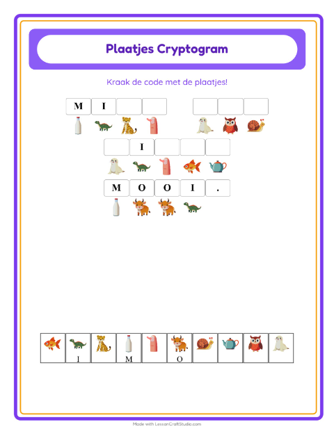 Voorbeeld van het Cryptogram-werkblad voor kleuterklas