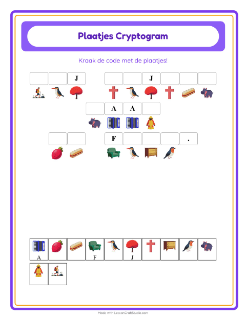 Voorbeeld van het Cryptogram-werkblad voor kleuterklas