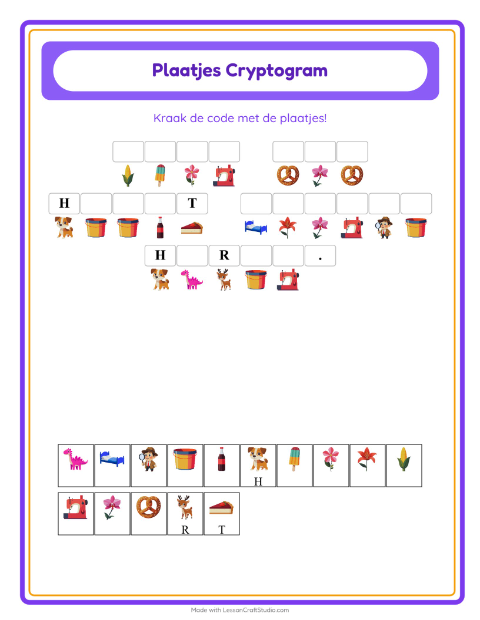 Voorbeeld van het Cryptogram-werkblad voor kleuterklas