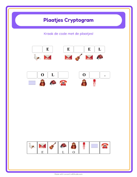 Voorbeeld van het Cryptogram-werkblad voor kleuterklas