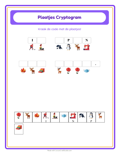 Voorbeeld van het Cryptogram-werkblad voor kleuterklas