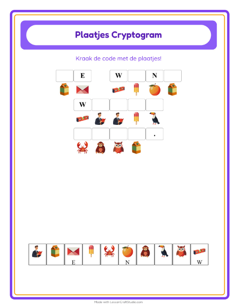 Voorbeeld van het Cryptogram-werkblad voor kleuterklas