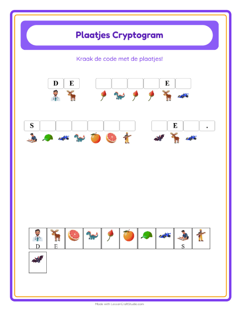 Voorbeeld van het Cryptogram-werkblad voor kleuterklas