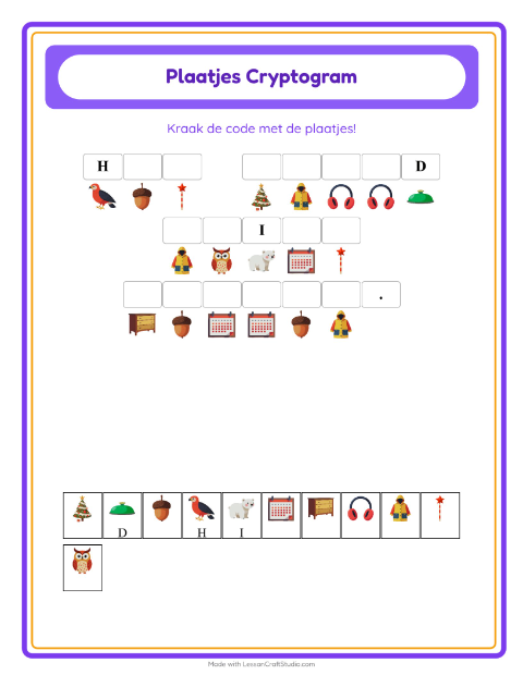 Voorbeeld van het Cryptogram-werkblad voor kleuterklas