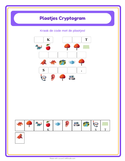 Voorbeeld van het Cryptogram-werkblad voor kleuterklas
