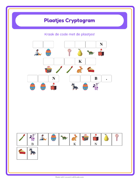 Voorbeeld van het Cryptogram-werkblad voor kleuterklas