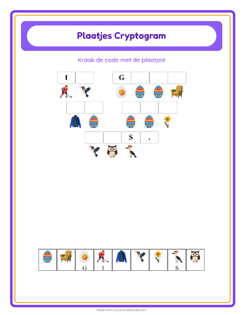 Voorbeeld van het Cryptogram-werkblad voor kleuterklas