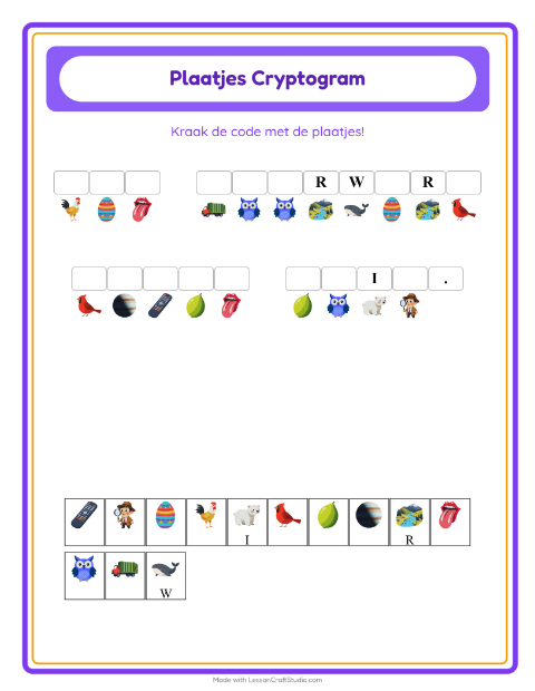 Voorbeeld van het Cryptogram-werkblad voor kleuterklas