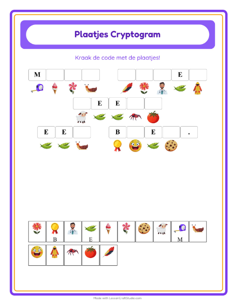 Voorbeeld van het Cryptogram-werkblad voor kleuterklas