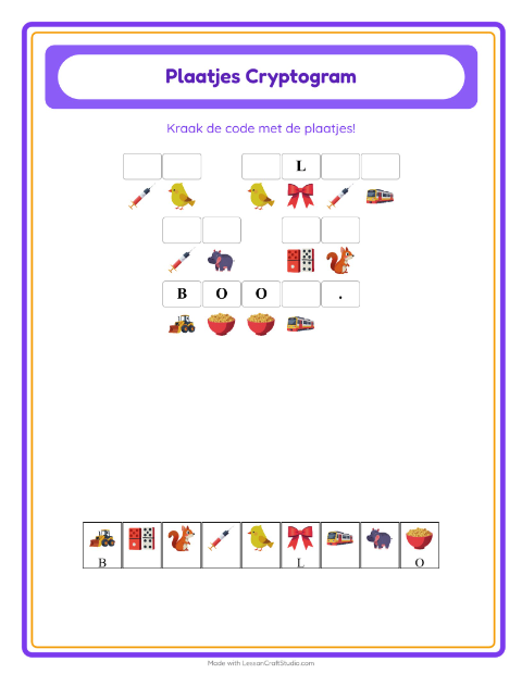 Voorbeeld van het Cryptogram-werkblad voor kleuterklas