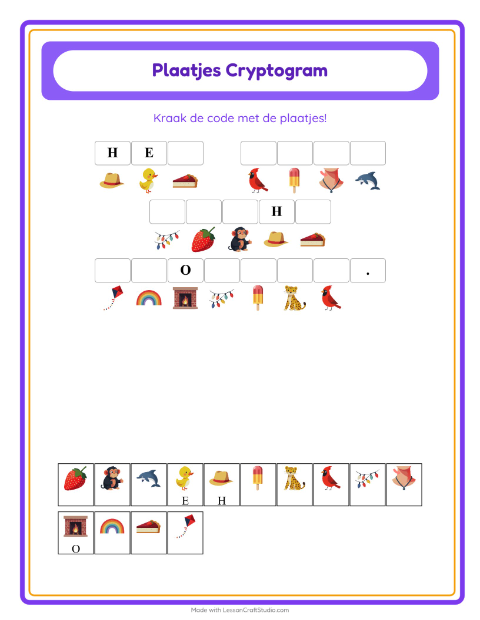 Voorbeeld van het Cryptogram-werkblad voor kleuterklas