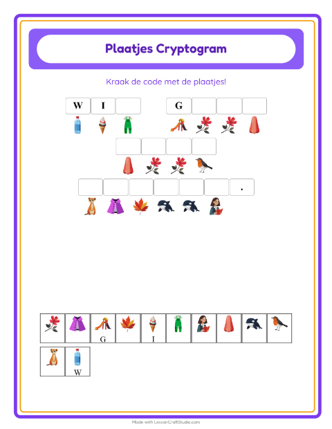 Voorbeeld van het Cryptogram-werkblad voor kleuterklas