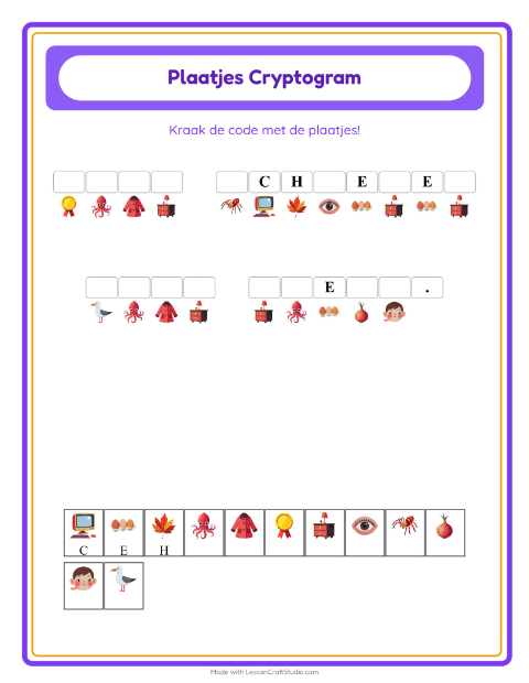 Voorbeeld van het Cryptogram-werkblad voor kleuterklas