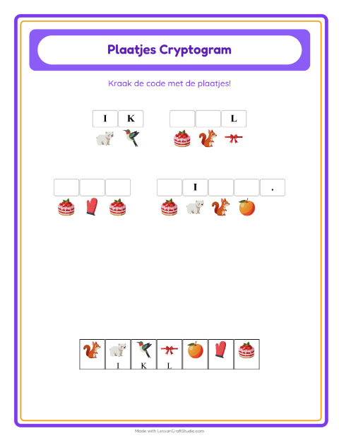 Voorbeeld van het Cryptogram-werkblad voor kleuterklas