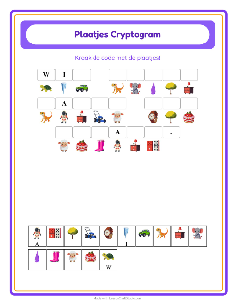 Voorbeeld van het Cryptogram-werkblad voor kleuterklas