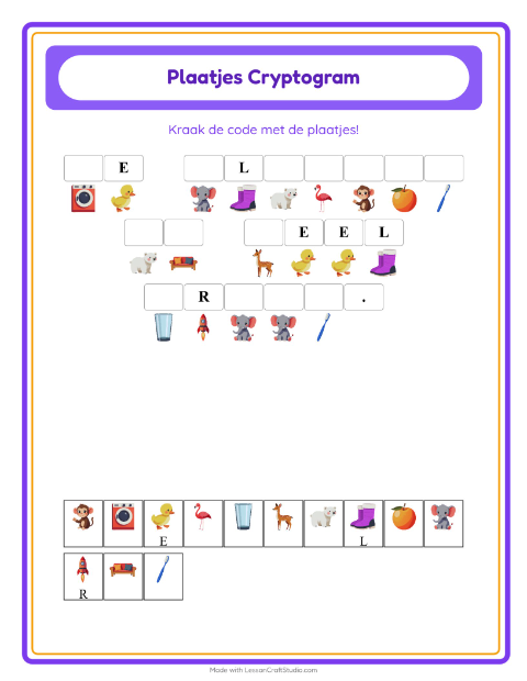 Voorbeeld van het Cryptogram-werkblad voor kleuterklas