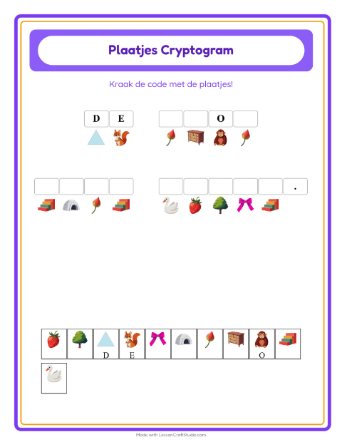 Voorbeeld van het Cryptogram-werkblad voor kleuterklas