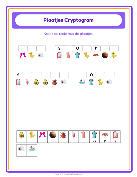 Voorbeeld van het Cryptogram-werkblad voor kleuterklas
