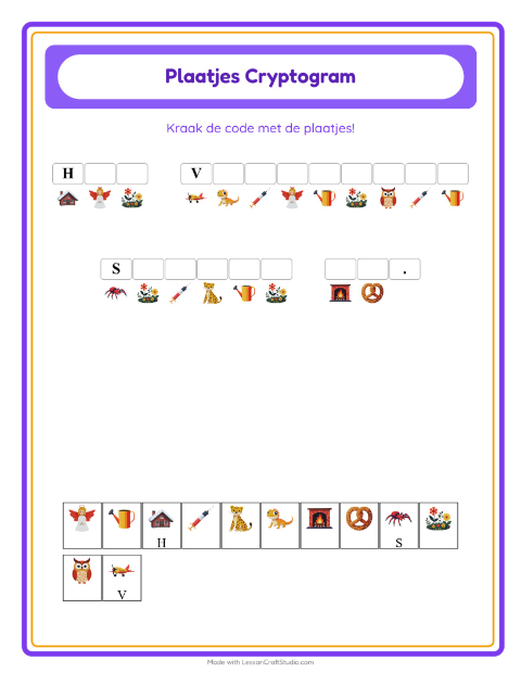 Voorbeeld van het Cryptogram-werkblad voor kleuterklas