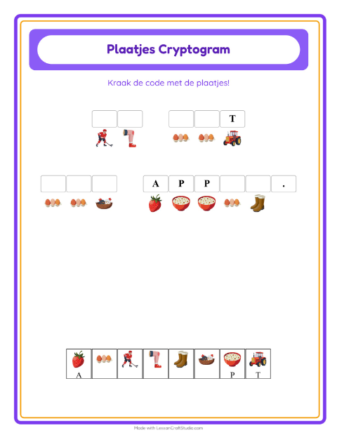 Voorbeeld van het Cryptogram-werkblad voor kleuterklas
