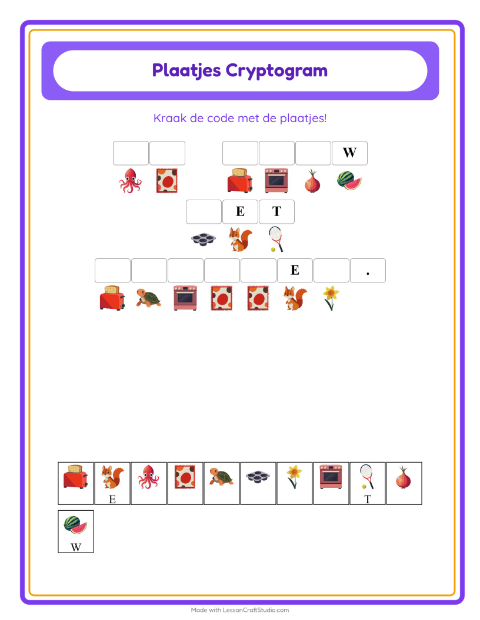 Voorbeeld van het Cryptogram-werkblad voor kleuterklas