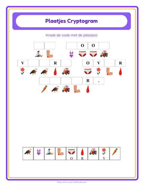 Voorbeeld van het Cryptogram-werkblad voor kleuterklas